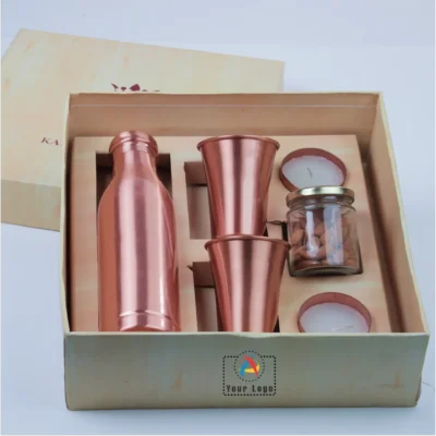 Looking for a refined corporate gift idea? Our sleek, uncoated copper bottle and glass gift set is perfect for drinking, décor, and relaxation, suitable for any occasion!