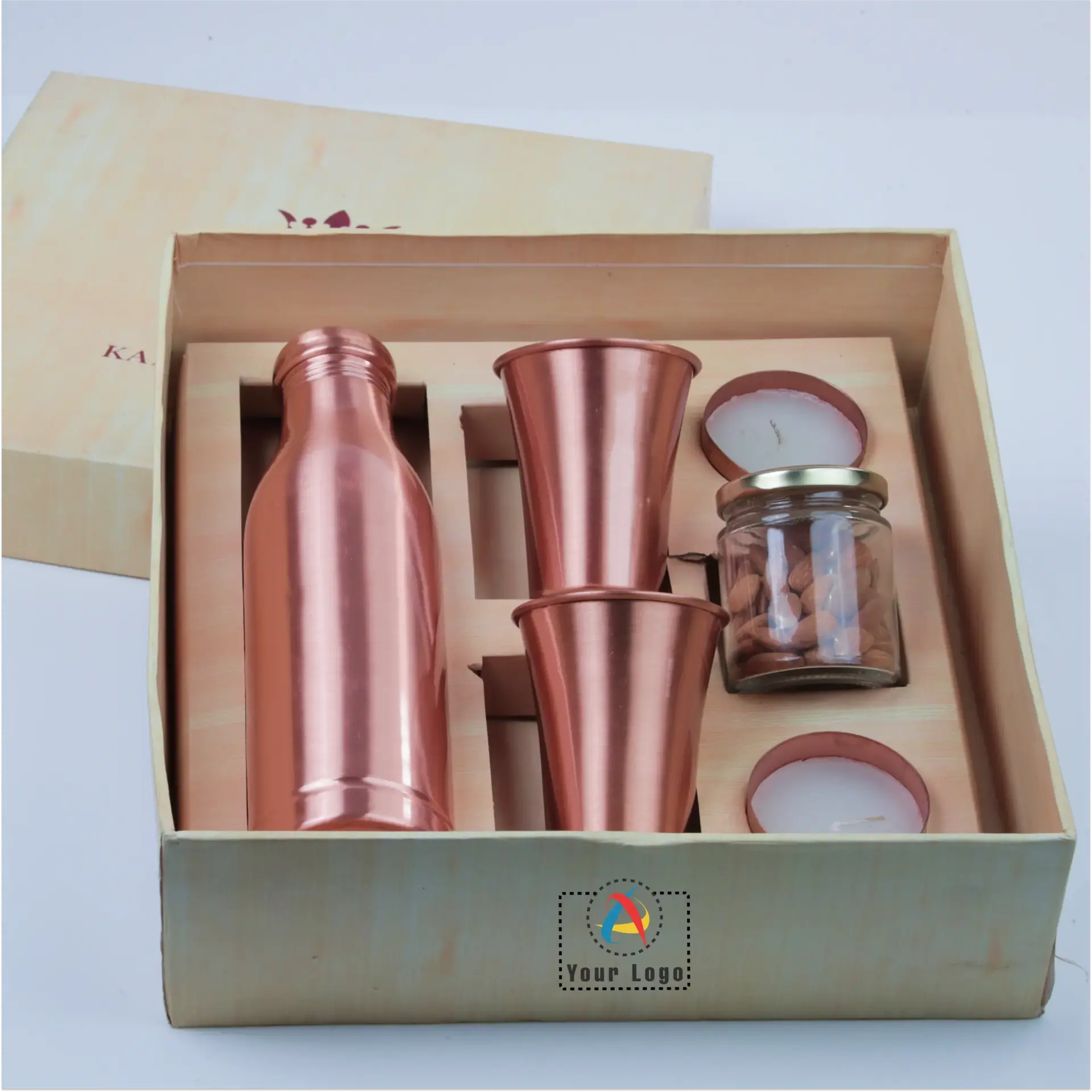 Looking for a refined corporate gift idea? Our sleek, uncoated copper bottle and glass gift set is perfect for drinking, décor, and relaxation, suitable for any occasion!