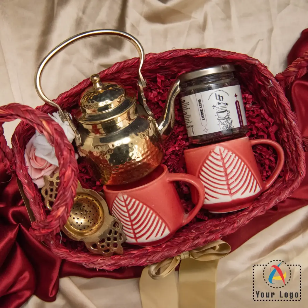 Buy Brass Kettle Tea Set Basket Hamper in bulk for Corporate Gifting | Corporate Gyft