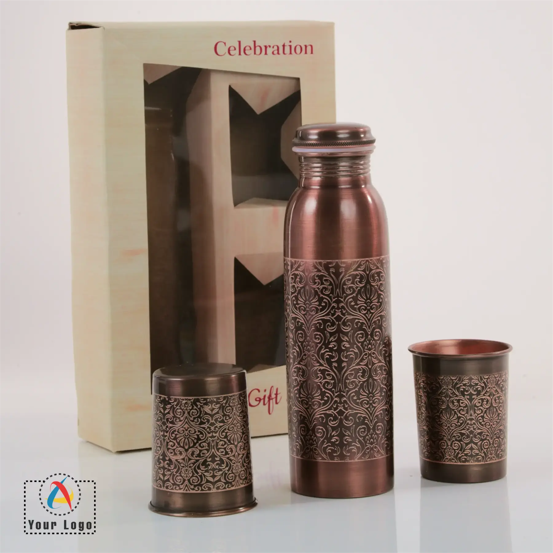 Blending functionality with artistry, our Copper Bottle and Glass Set in a stylish gift box is the best corporate gifting idea to appreciate heritage and culture.