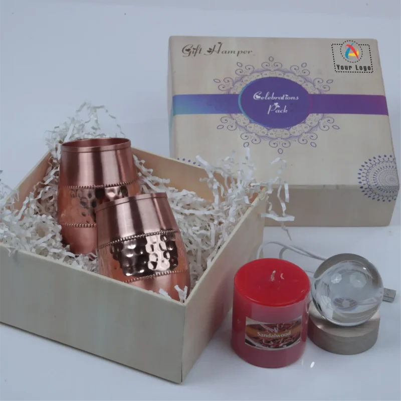 Diwali corporate gifting hamper with 3D Crystal Ball Lamp | Set of 2 Copper Hammer Round Glasses and a premium red pillar candle | Corporate Gifting