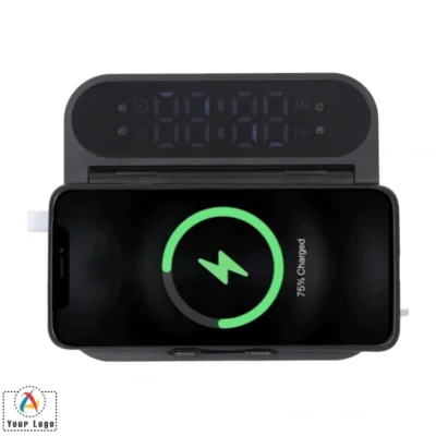 Buy Snooze Black Clock with Alarm and Wireless Charger in bulk for Corporate Gifting | Corporate Gyft