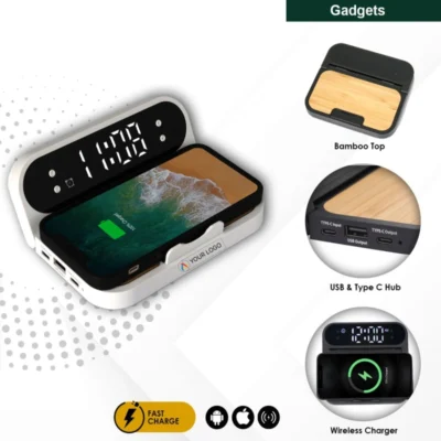 Buy Snooze White Clock with Alarm and Wireless Charger in bulk for Corporate Gifting | Corporate Gyft