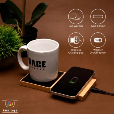 Buy Willow Bamboo 2-in-1 Wireless Charger with Cup Warmer in bulk for Corporate Gifting | Corporate Gyft