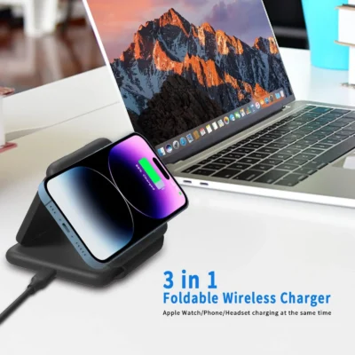 Buy Standee Foldable Slim 3 in 1 Black Magnetic Wireless Charger in bulk for Corporate Gifting | Corporate Gyft