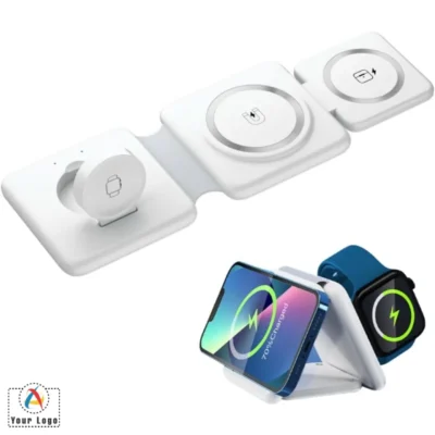 Buy Standee Foldable Slim 3 in 1 White Magnetic Wireless Charger in bulk for Corporate Gifting | Corporate Gyft