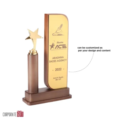 Buy Wooden Golden Star Trophy - 122 in bulk for Corporate Gifting | Corporate Gyft