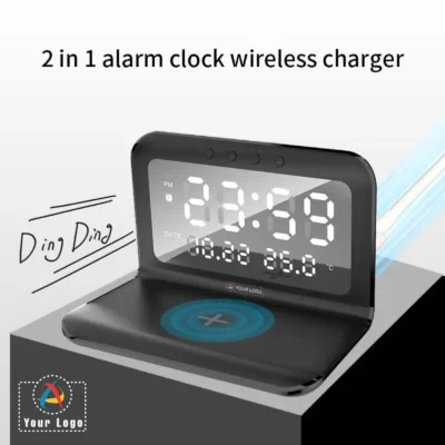 Buy Logic 2 in 1 Black Alarm Clock with Wireless Charger in bulk for Corporate Gifting | Corporate Gyft