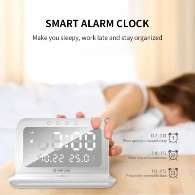 Buy Logic 2 in 1 White Alarm Clock with Wireless Charger in bulk for Corporate Gifting | Corporate Gyft