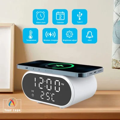 Buy Synergy White Alarm Clock with Wireless Charger in bulk for Corporate Gifting | Corporate Gyft