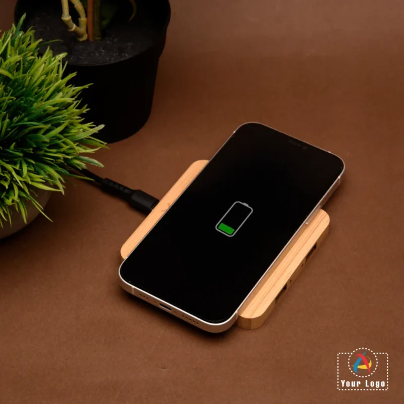 Buy Pine Bamboo Wireless Charger with USB Hub in bulk for Corporate Gifting | Corporate Gyft