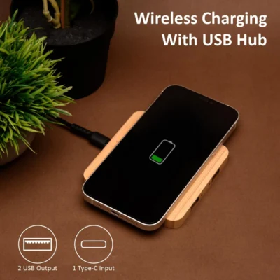 Buy Pine Bamboo Wireless Charger with USB Hub in bulk for Corporate Gifting | Corporate Gyft