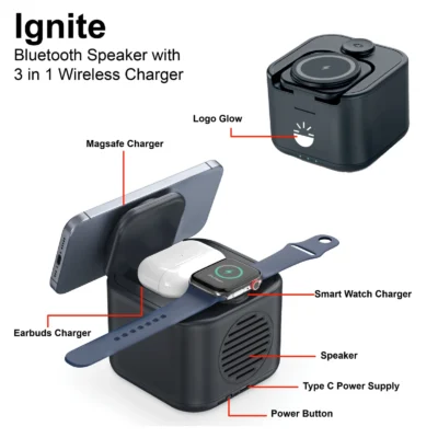 Buy Ignite Speaker with 3-in-1 Wireless Charger in bulk for Corporate Gifting | Corporate Gyft