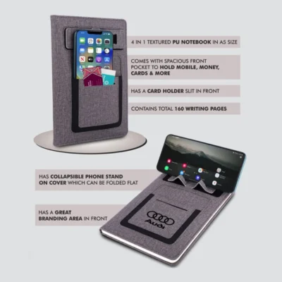Buy A5 Notebook with Phone Stand and Card Pockets in bulk for Corporate Gifting | Corporate Gyft