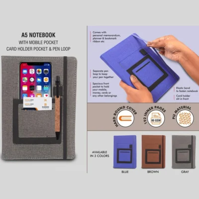 Buy A5 Notebook with Mobile Pocket and Pen Loop in bulk for Corporate Gifting | Corporate Gyft
