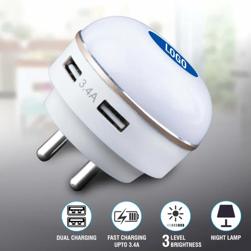 Buy Dual USB Fast Charger with Night Lamp in bulk for Corporate Gifting | Corporate Gyft