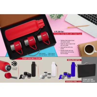 Buy 4 Pc Gift Set – Insulated Steel Bottle with 3 Steel Cups in bulk for Corporate Gifting | Corporate Gyft