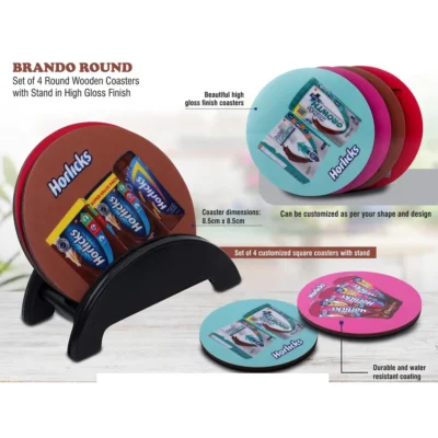 Buy Brando Round Set of 4 Wooden Coasters in bulk for Corporate Gifting | Corporate Gyft
