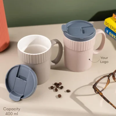 Buy Globe Ceramic Brown Mug with Plastic Lid in bulk for Corporate Gifting | Corporate Gyft