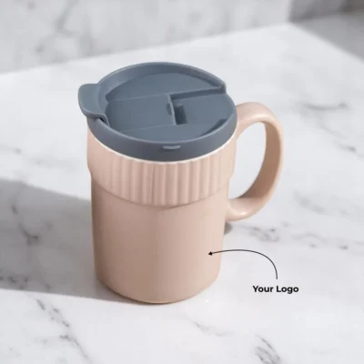 Buy Globe Ceramic Pink Mug with Plastic Lid in bulk for Corporate Gifting | Corporate Gyft
