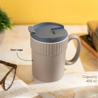 Buy Globe Ceramic Brown Mug with Plastic Lid in bulk for Corporate Gifting | Corporate Gyft