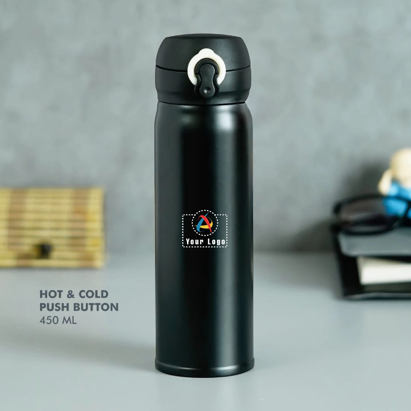 Buy Push Button Stainless Steel Insulated Bottle - Black in bulk for Corporate Gifting | Corporate Gyft