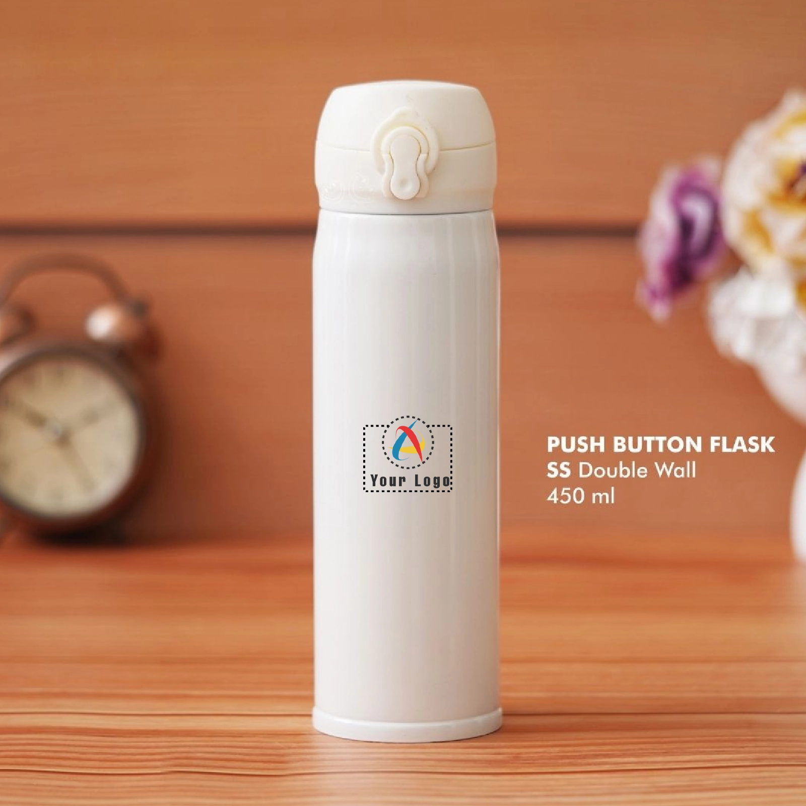 Push Button Stainless Steel Insulated Bottle - White Buy Push Button Stainless Steel Insulated Bottle - White in bulk for Corporate Gifting | Corporate Gyft