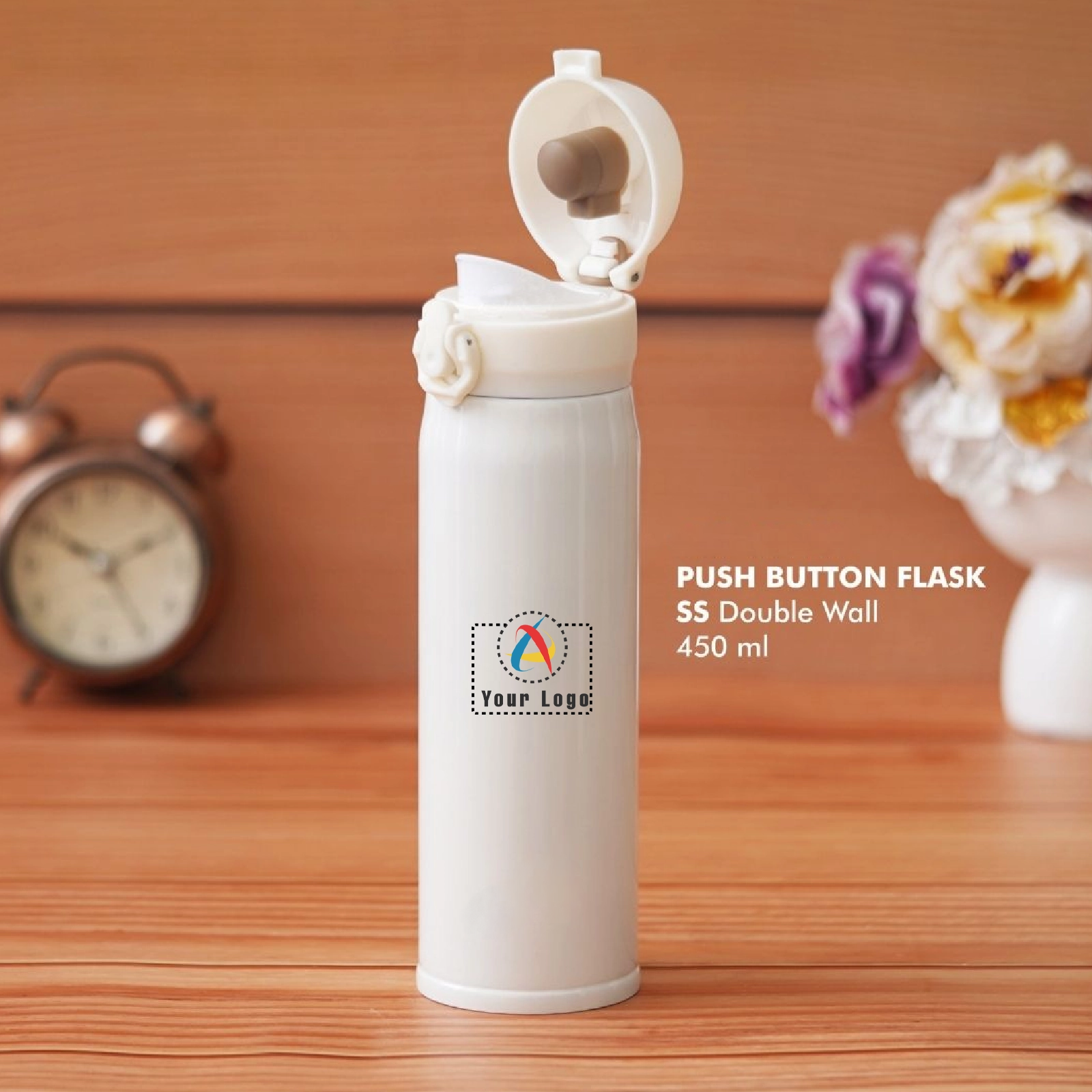 Push Button Stainless Steel Insulated Bottle - White Buy Push Button Stainless Steel Insulated Bottle - White in bulk for Corporate Gifting | Corporate Gyft