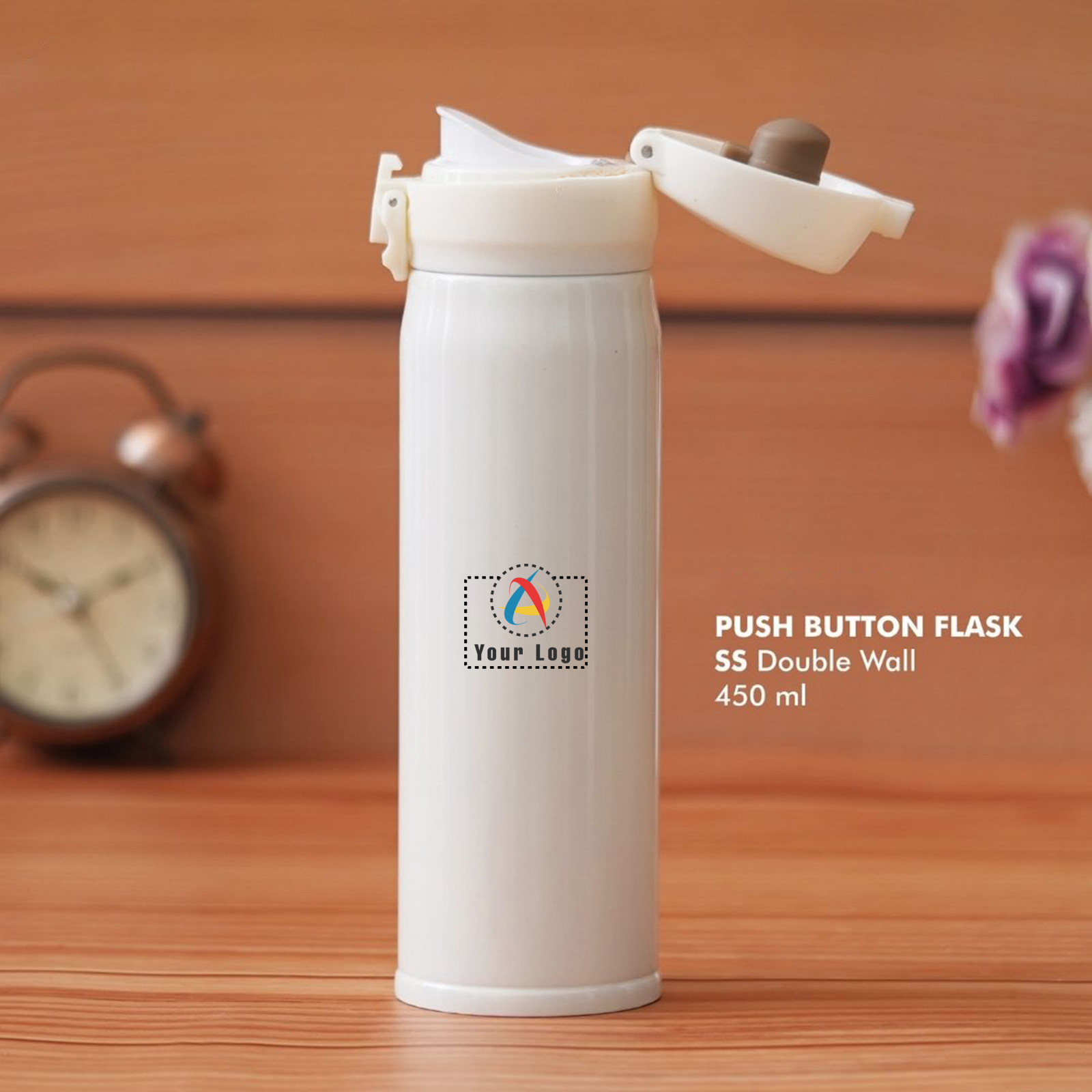 Push Button Stainless Steel Insulated Bottle - White Buy Push Button Stainless Steel Insulated Bottle - White in bulk for Corporate Gifting | Corporate Gyft