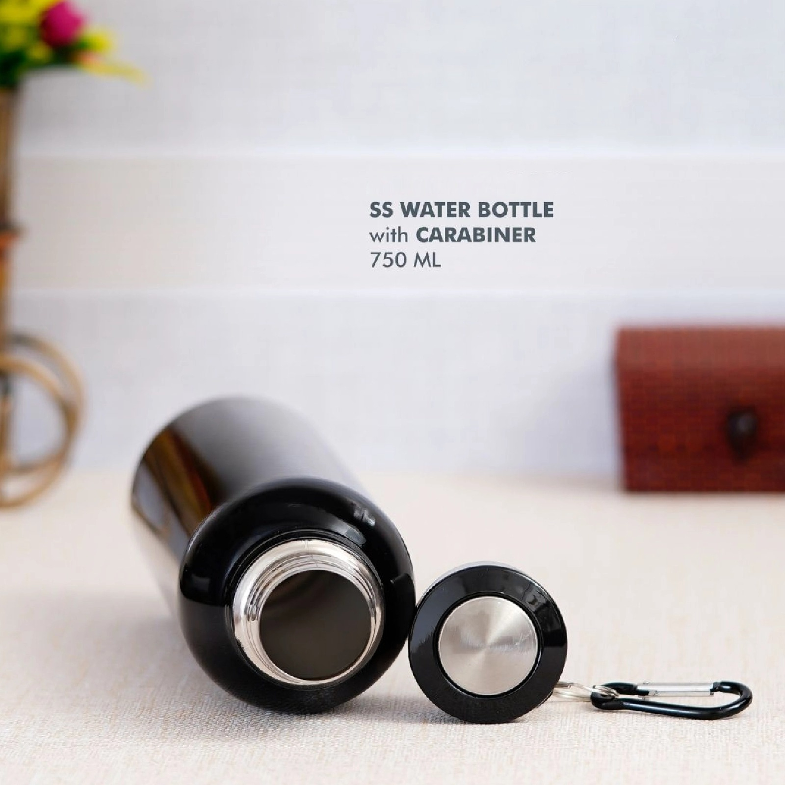Buy Stainless Steel Bottle with Carabiner - Black in bulk for Corporate Gifting | Corporate Gyft