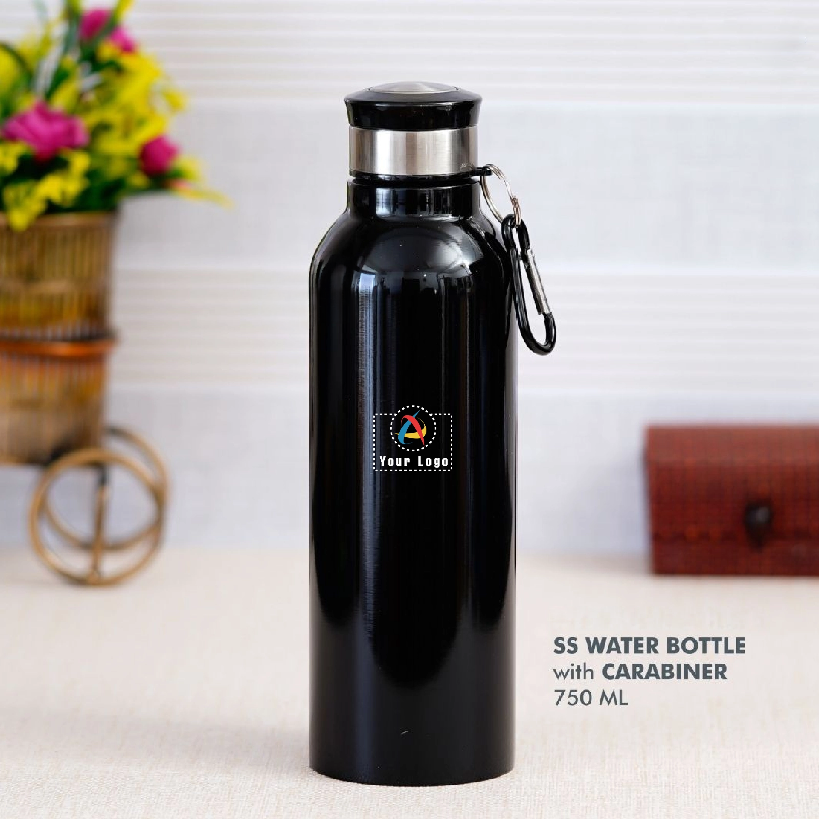 Buy Stainless Steel Bottle with Carabiner - Black in bulk for Corporate Gifting | Corporate Gyft
