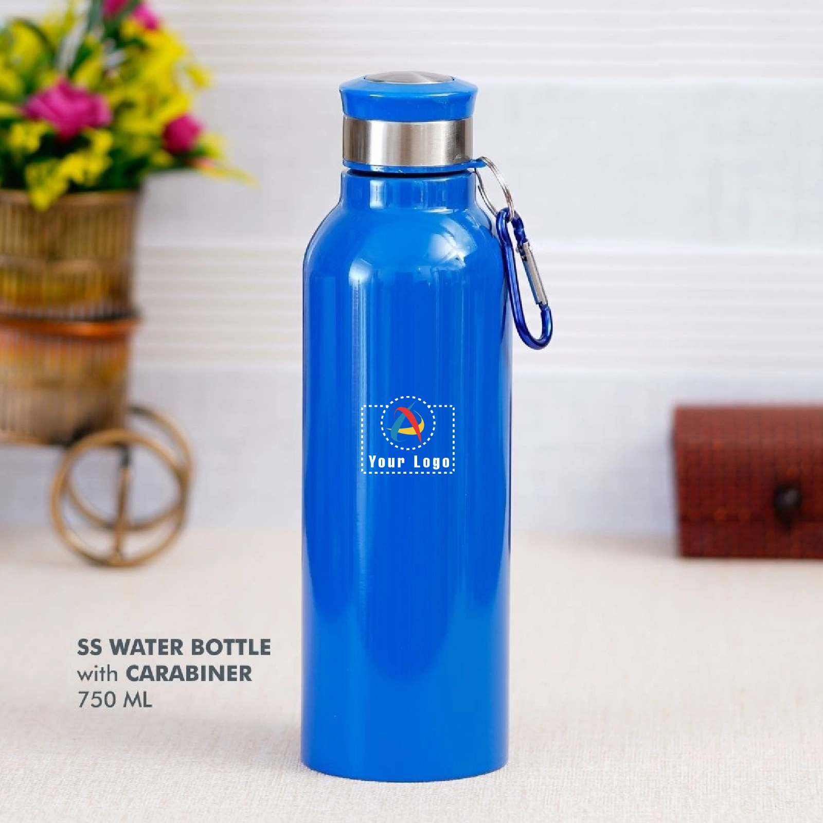 Buy Stainless Steel Bottle with Carabiner - Blue in bulk for Corporate Gifting | Corporate Gyft