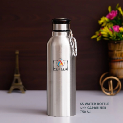 Buy Stainless Steel Bottle with Carabiner - Silver in bulk for Corporate Gifting | Corporate Gyft