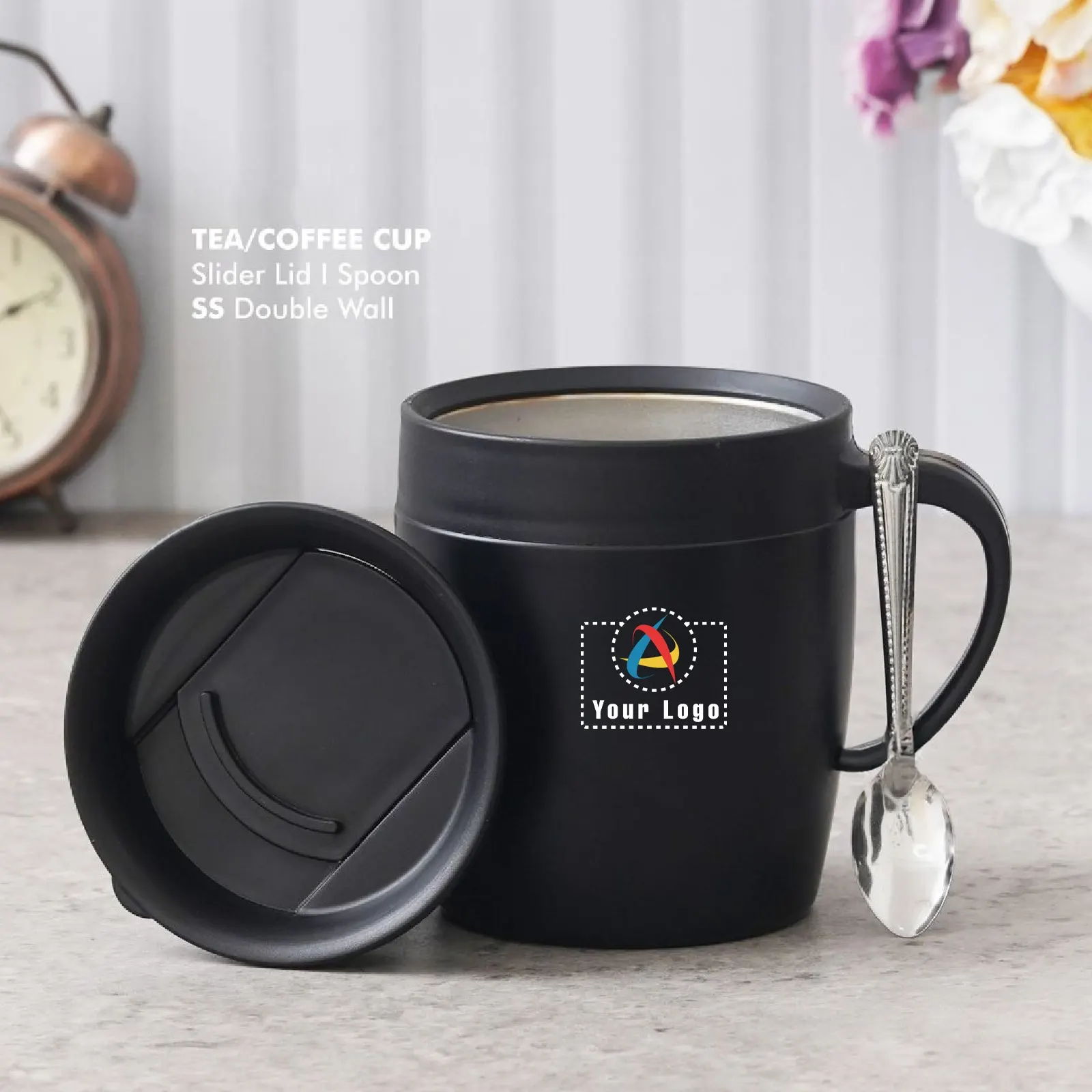 Buy Stainless Steel Tea Cup with Lid and Spoon in bulk for Corporate Gifting | Corporate Gyft