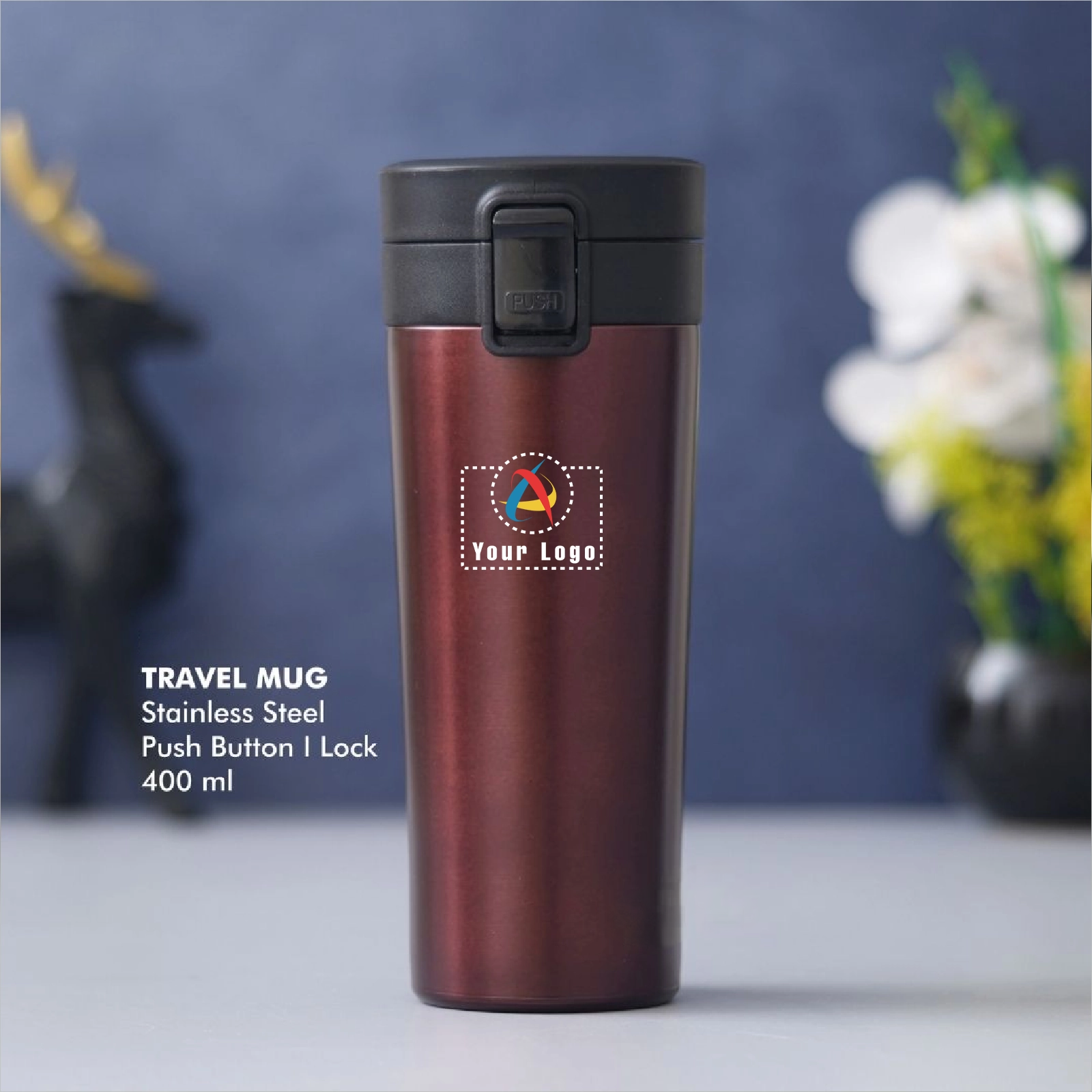 Stainless Steel Push Button Travel Mug - Coffee Buy Stainless Steel Push Button Travel Mug - Coffee in bulk for Corporate Gifting | Corporate Gyft