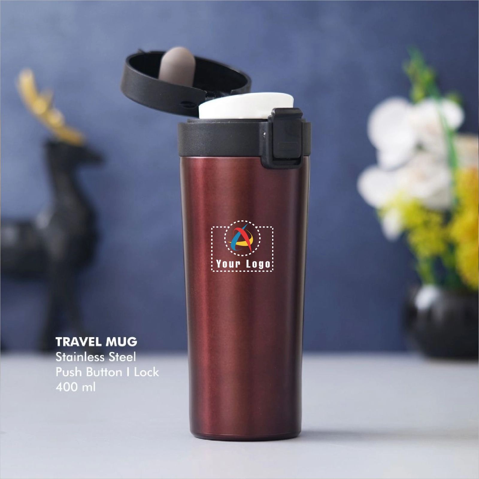 Stainless Steel Push Button Travel Mug - Coffee Buy Stainless Steel Push Button Travel Mug - Coffee in bulk for Corporate Gifting | Corporate Gyft