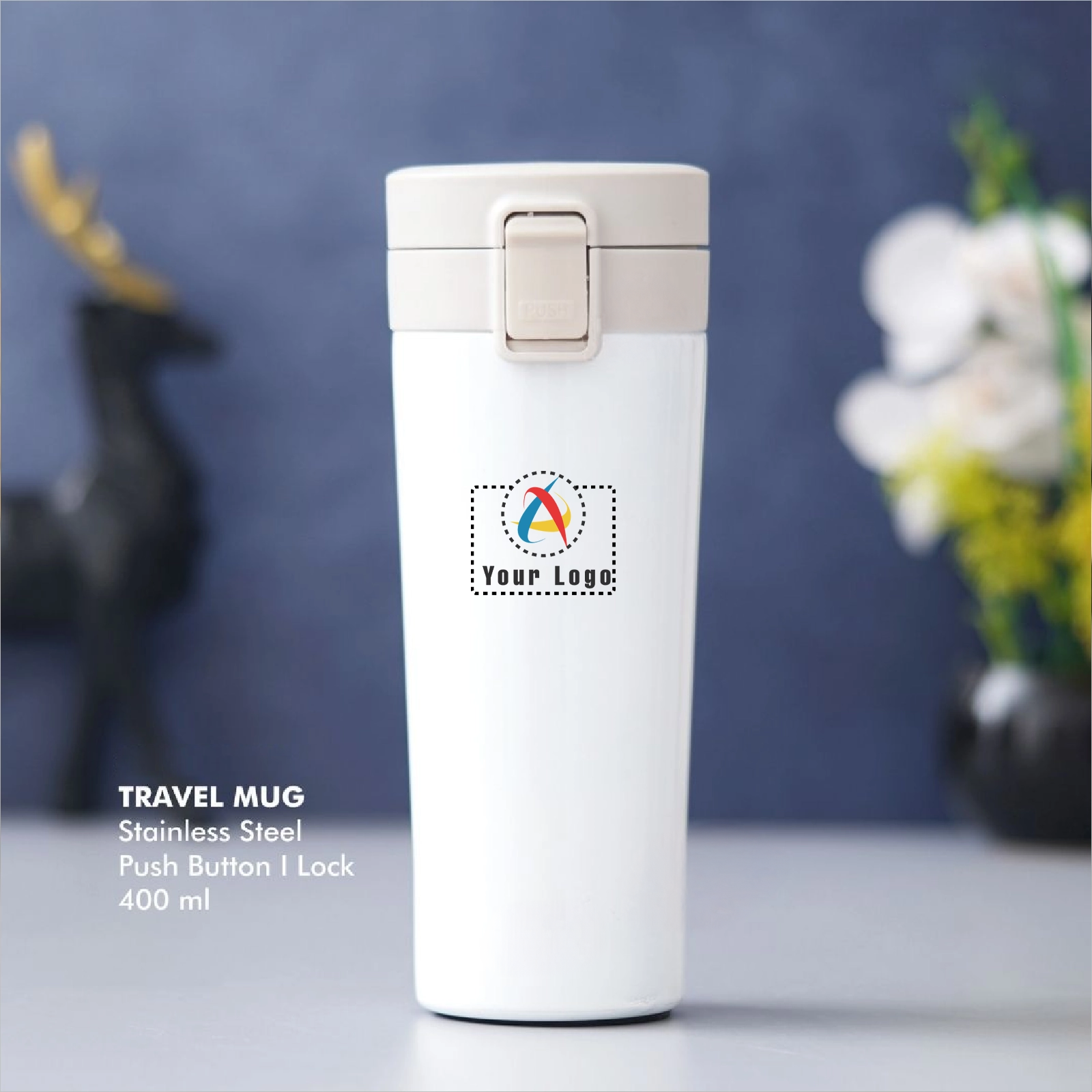 Stainless Steel Push Button Travel Mug - White Buy Stainless Steel Push Button Travel Mug - White in bulk for Corporate Gifting | Corporate Gyft