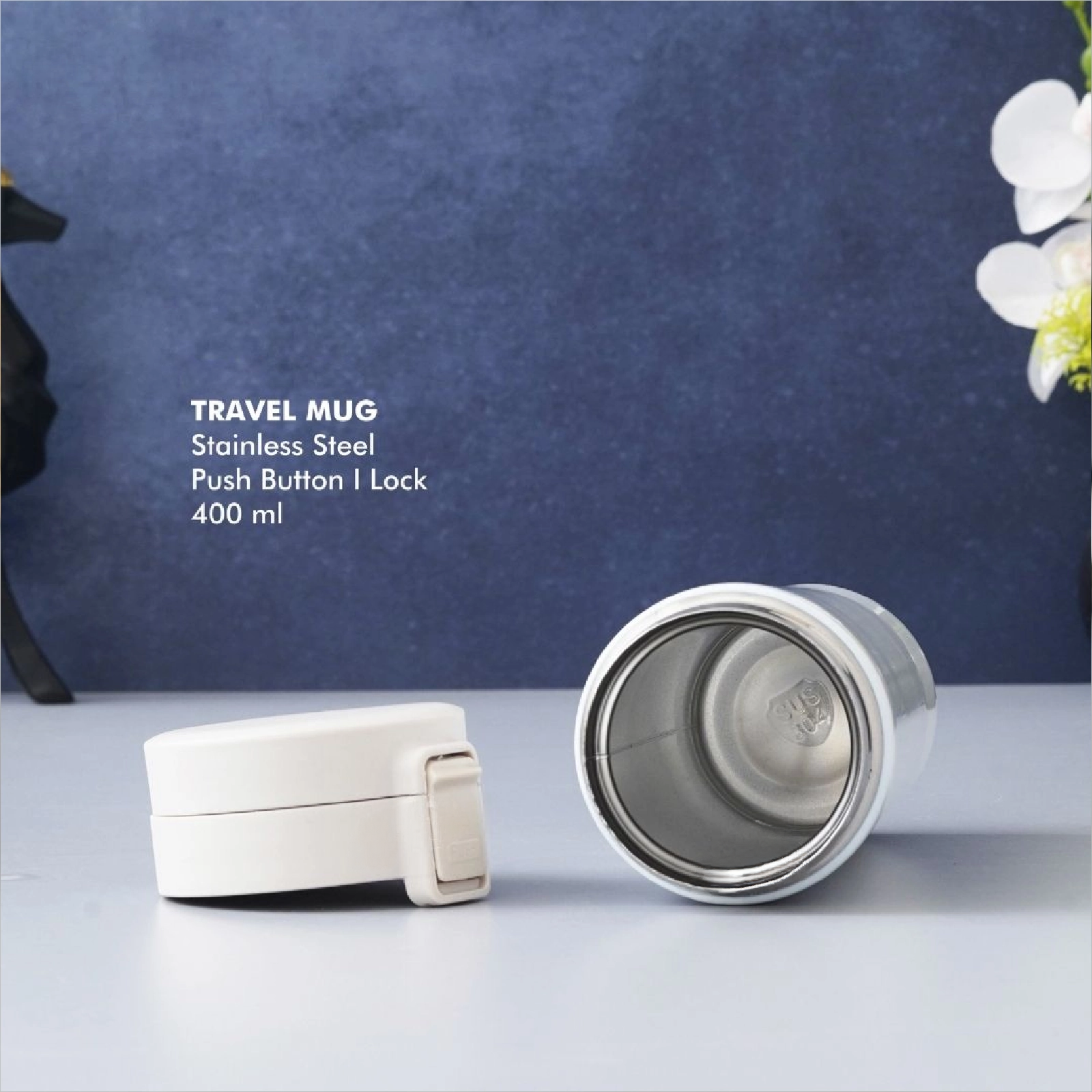 Stainless Steel Push Button Travel Mug - White Buy Stainless Steel Push Button Travel Mug - White in bulk for Corporate Gifting | Corporate Gyft
