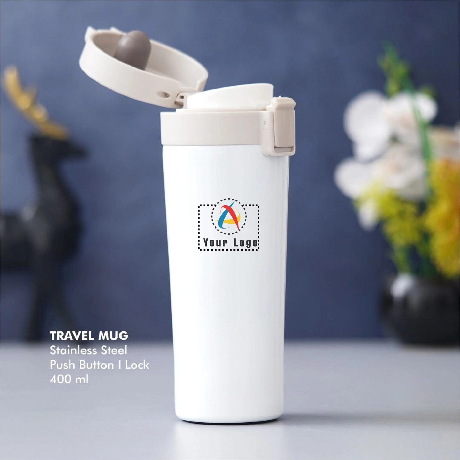 Stainless Steel Push Button Travel Mug - White Buy Stainless Steel Push Button Travel Mug - White in bulk for Corporate Gifting | Corporate Gyft