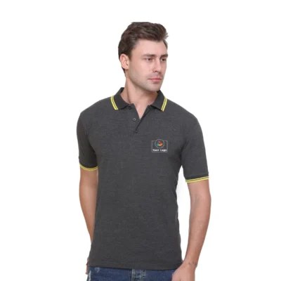 Buy Tipline Polo T-Shirt - Charcoal Grey with Yellow in bulk for Corporate Gifting | Corporate Gyft