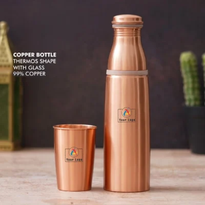 Buy Thermos-Shaped Copper Bottle with Glass in bulk for Corporate Gifting | Corporate Gyft