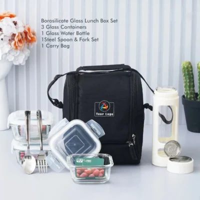 Buy Borosilicate Glass Lunch Set with Bottle and Cutlery in bulk for Corporate Gifting | Corporate Gyft