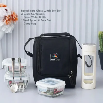 Buy Borosilicate Glass Lunch Set with Bottle and Cutlery in bulk for Corporate Gifting | Corporate Gyft