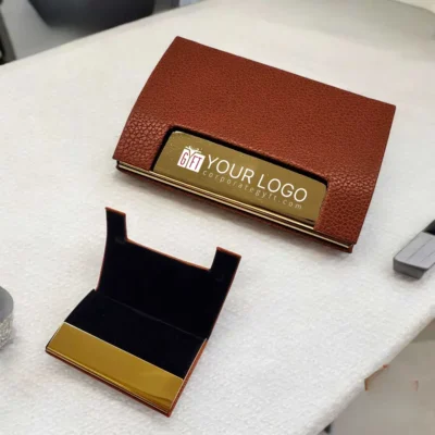 Buy Card Holder with Brown Leather and Gold Accent Plate in bulk for Corporate Gifting | Corporate Gyft