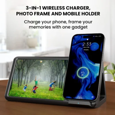 Buy Portronics 3-in-1 Wireless Charger with Photo Frame in bulk for Corporate Gifting | Corporate Gyft