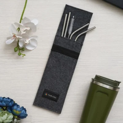 Buy Eco Straw Gift Set in Recycled Felt Pen Case in bulk for Corporate Gifting | Corporate Gyft