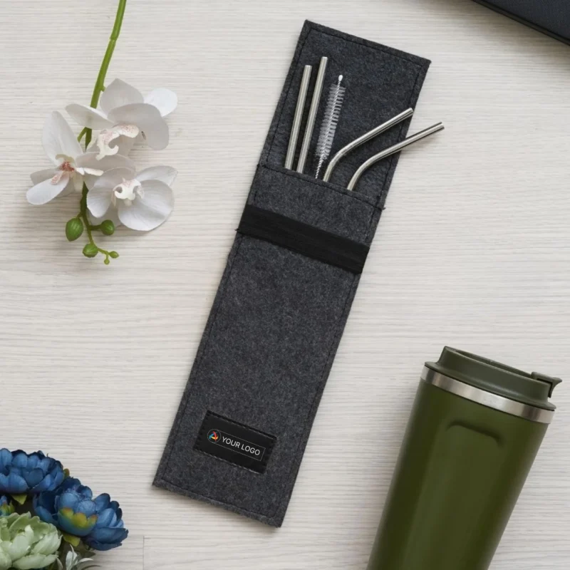 Buy Eco Straw Gift Set in Recycled Felt Pen Case in bulk for Corporate Gifting | Corporate Gyft