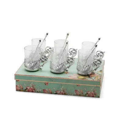 Buy Leaf Decorated Glasses with Spoons Set of 6 in bulk for Corporate Gifting | Corporate Gyft