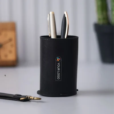 Buy Vegan Leather Foldable Pen Stand cum Tumbler in bulk for Corporate Gifting | Corporate Gyft