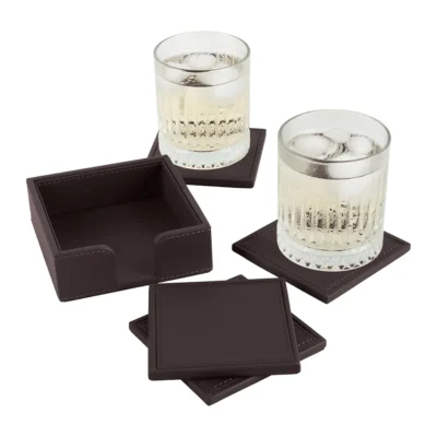 Buy Executive Coaster Set with Holder – Brown in bulk for Corporate Gifting | Corporate Gyft